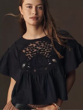 Maeve Black Short-Sleeve Embroidered Swing Blouse
